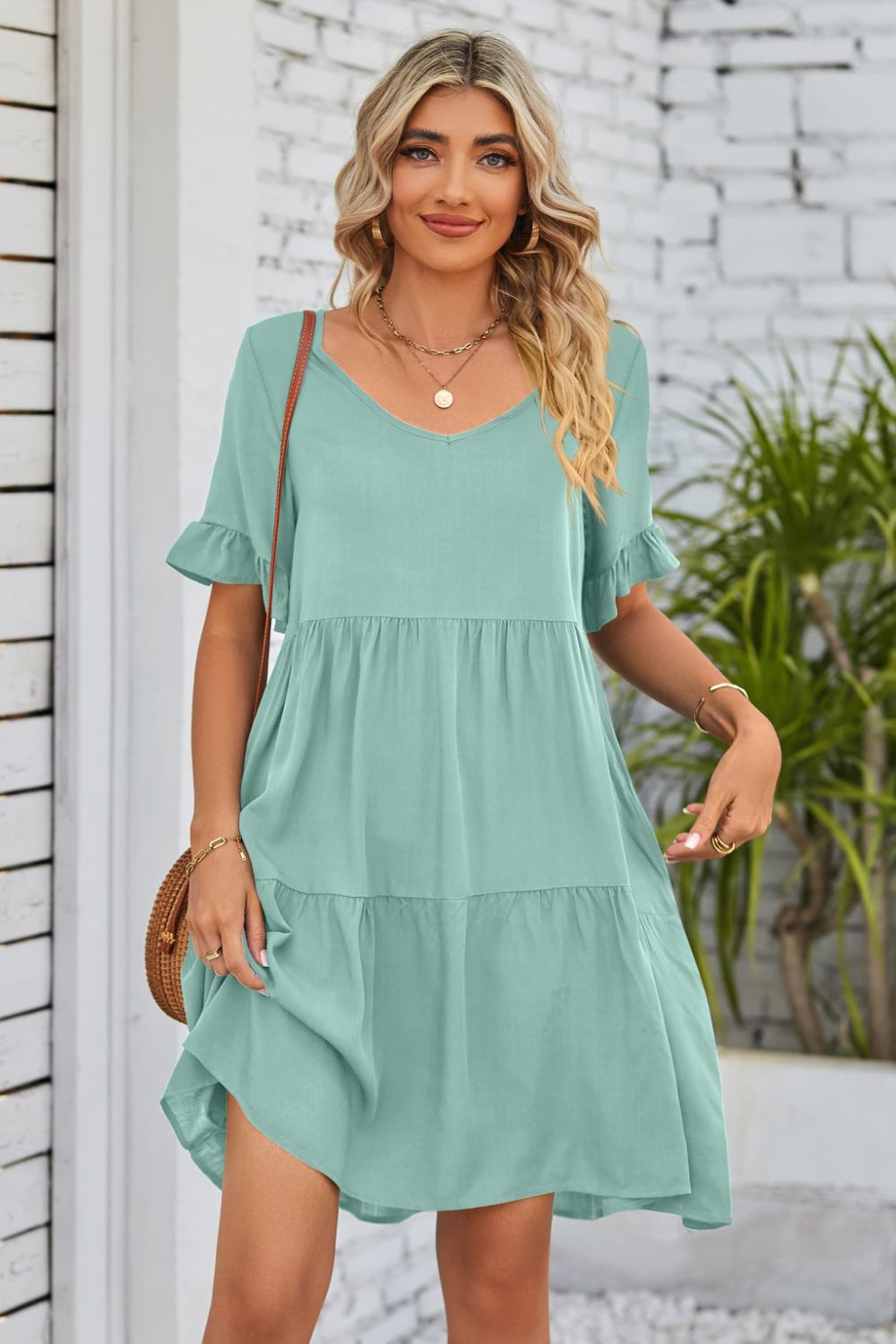 V-Neck Flounce Sleeve Tiered Dress-Angel Casuals