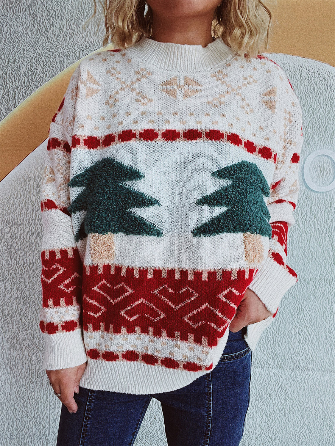 Christmas Tree Mock Neck Long Sleeve Sweater-Angel Casuals