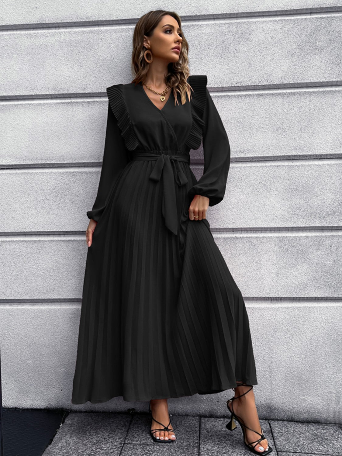 Pleated Surplice Tie Waist Maxi Dress-Angel Casuals