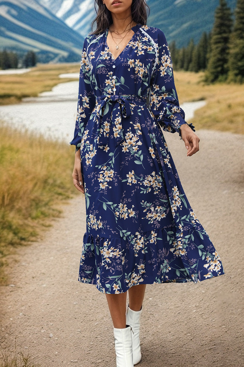 Printed Notched Lantern Sleeve Midi Dress-Angel Casuals