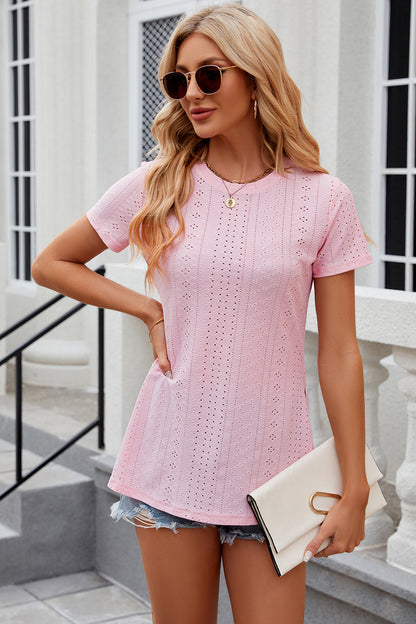 Eyelet Slit Round Neck Short Sleeve T-Shirt-Angel Casuals
