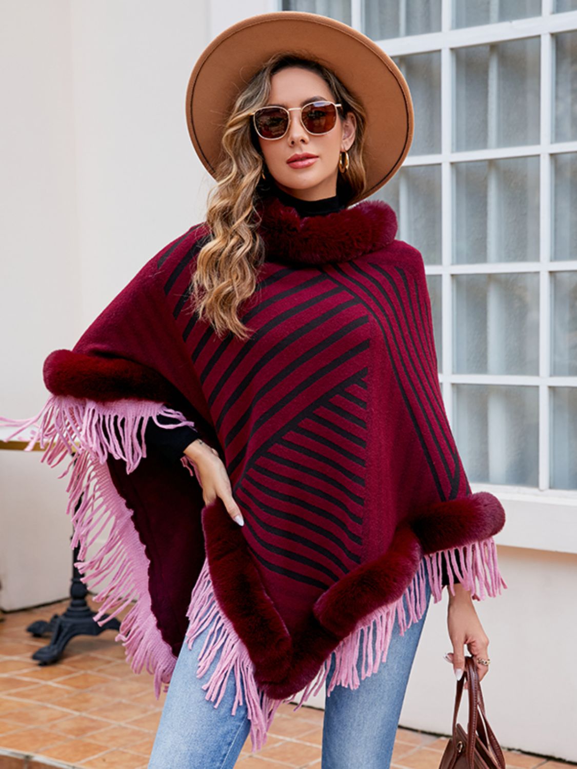 Striped Fringe Hem Poncho-Angel Casuals