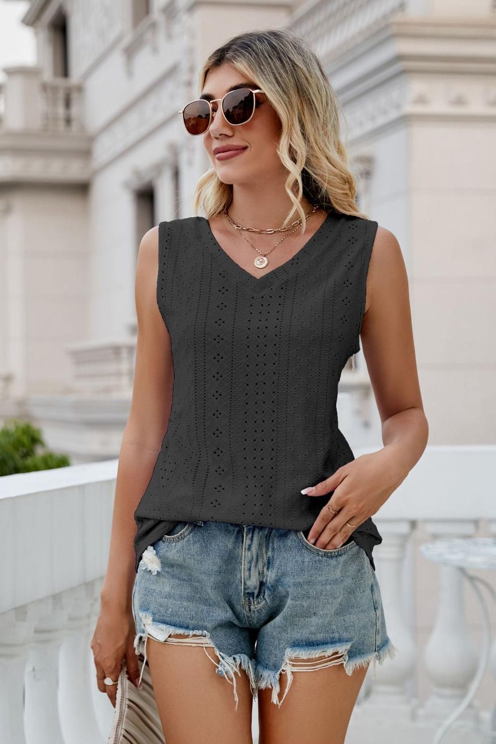 Eyelet V-Neck Tank-Angel Casuals