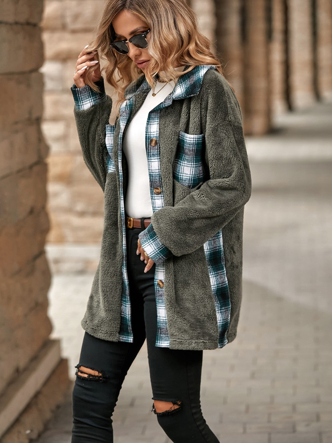 Plaid Contrast Dropped Shoulder Coat-Angel Casuals