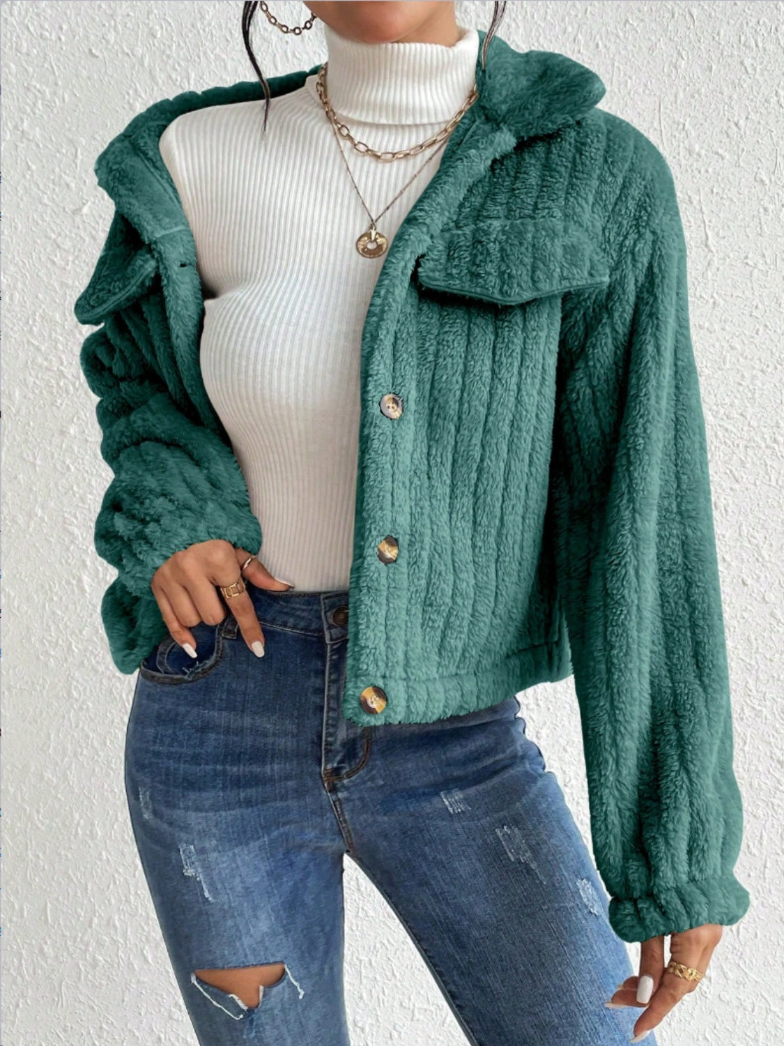 Fuzzy Button Up Collared Neck Jacket-Angel Casuals
