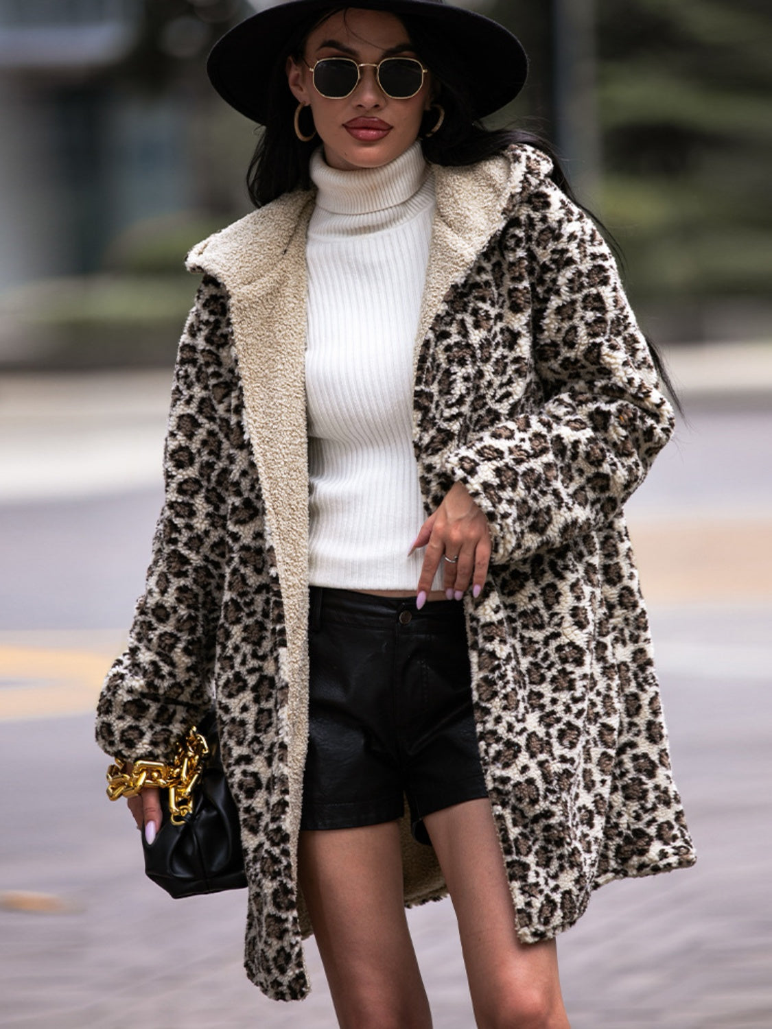 Shiny Leopard Print Hooded Teddy Coat-Angel Casuals