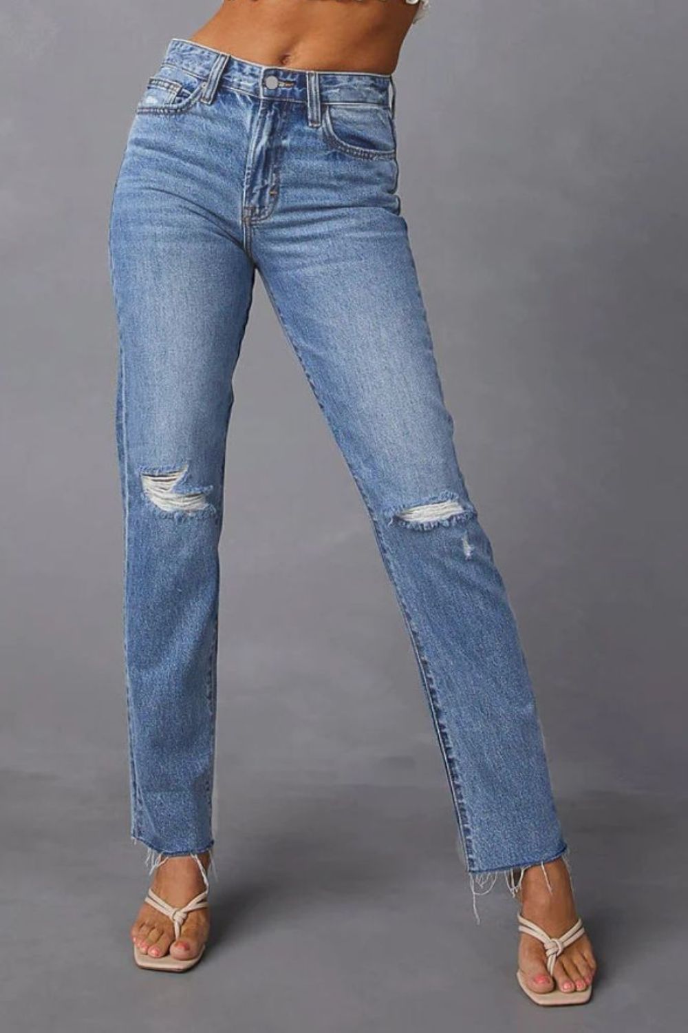 Distressed Raw Hem Straight Jeans with Pockets-Angel Casuals