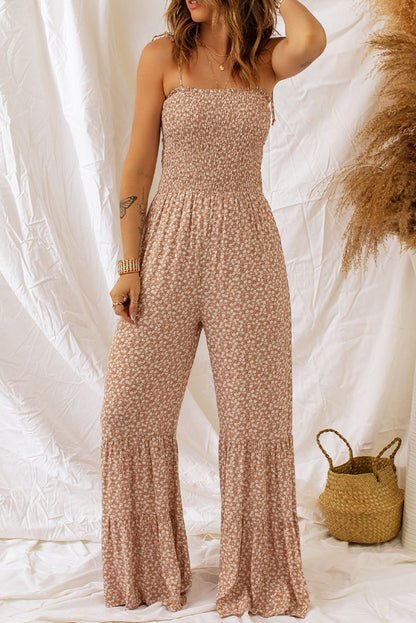 Floral Spaghetti Strap Smocked Wide Leg Jumpsuit-Angel Casuals