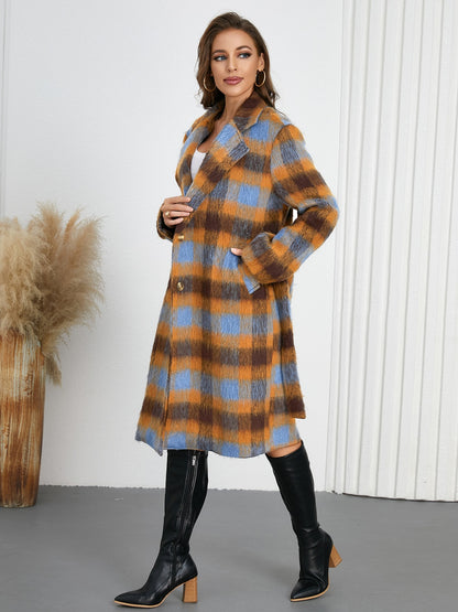 Tied Plaid Collared Neck Coat-Angel Casuals