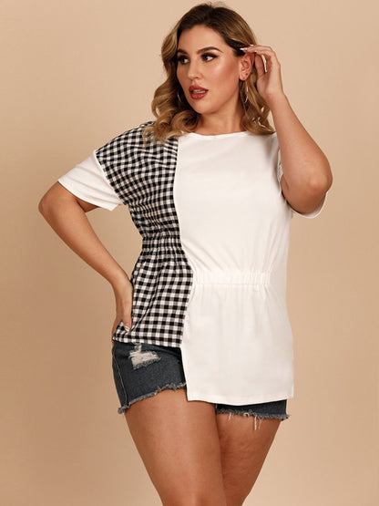 Plus Size Gingham Color Block Asymmetrical T-Shirt-Angel Casuals