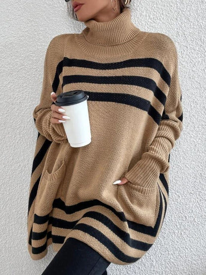 Striped Turtleneck Batwing Sleeve Sweater with Pockets-Angel Casuals