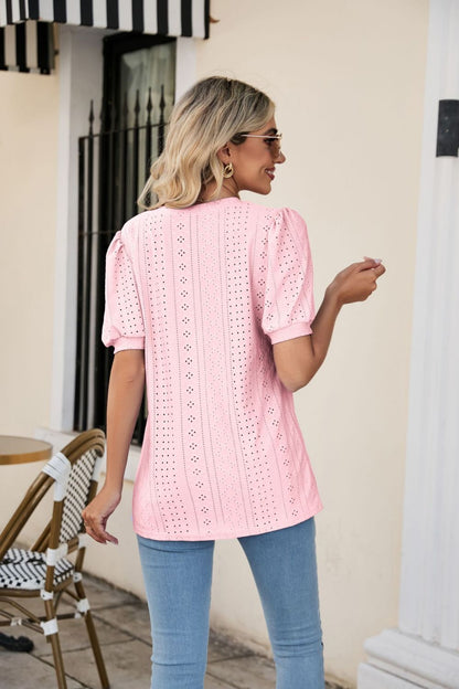 Eyelet Puff Sleeve V-Neck Top-Angel Casuals