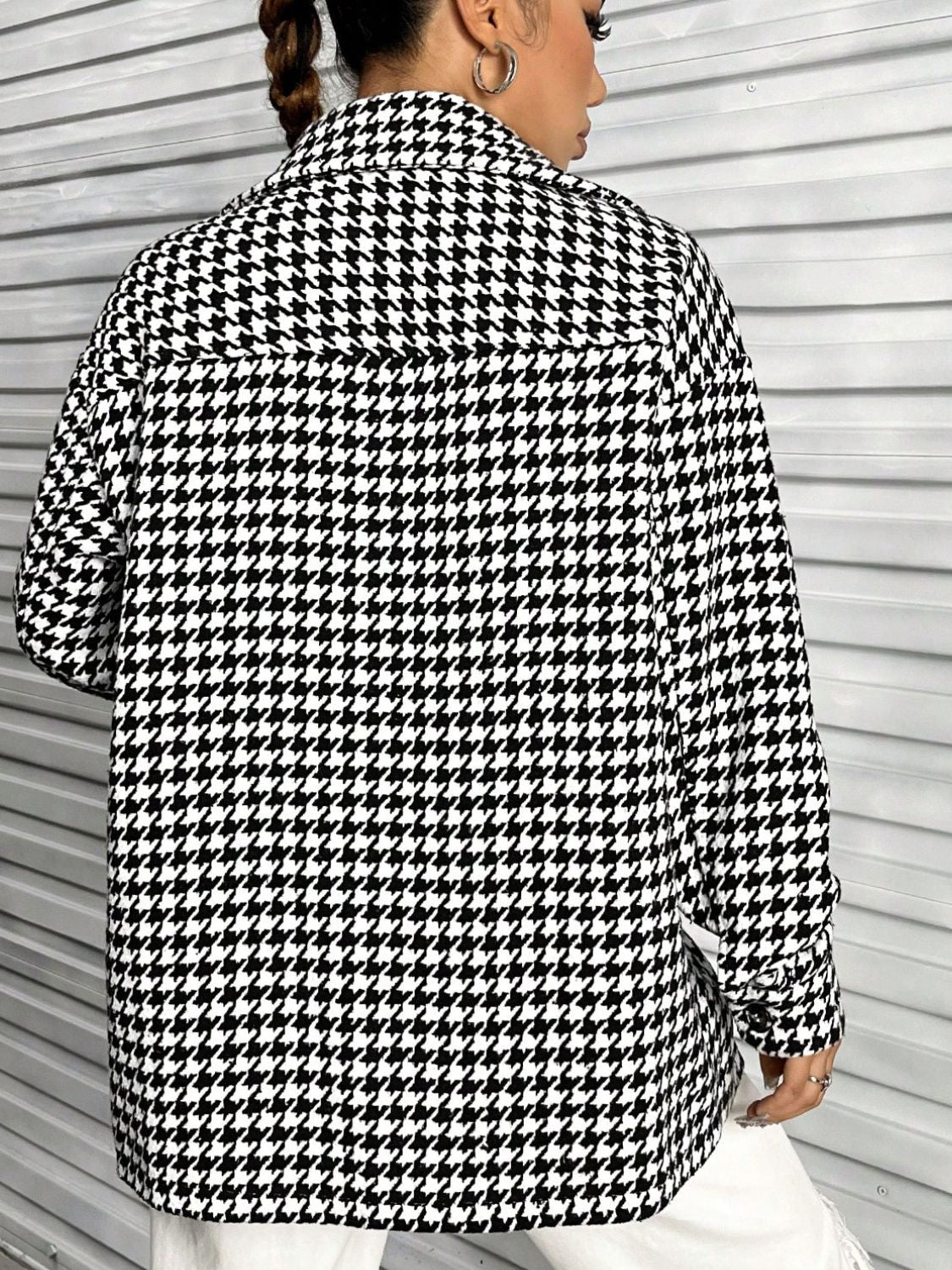 Houndstooth Button Down Long Sleeve Shacket-Angel Casuals