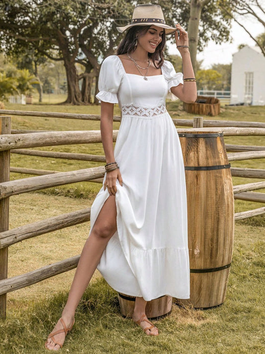 Square Neck Flounce Sleeve Midi Dress-Angel Casuals