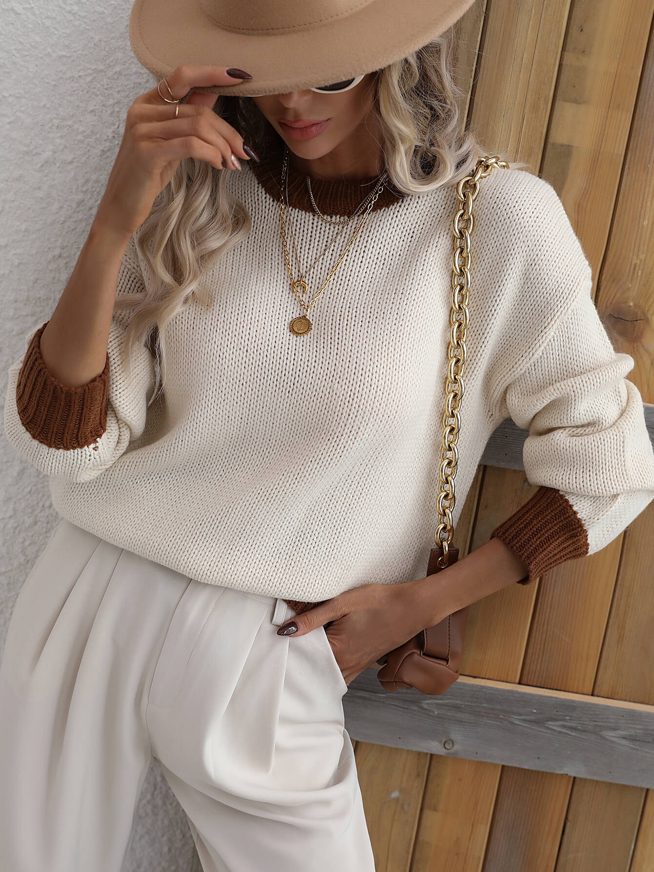 Contrast Trim Drop Shoulder Pullover Sweater-Angel Casuals