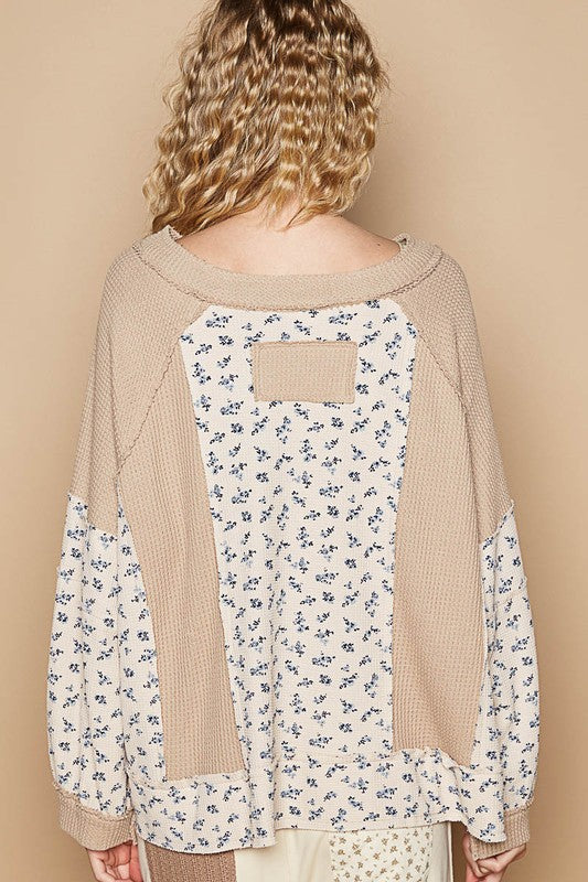 POL Waffle Knit Floral Notched Long Sleeve Top-Angel Casuals