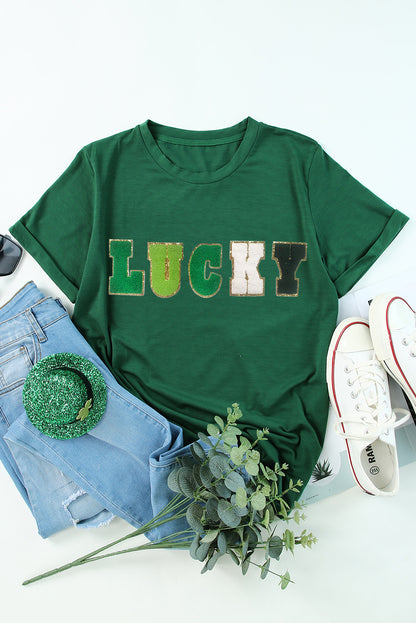 LUCKY Round Neck Short Sleeve T-Shirt-Angel Casuals