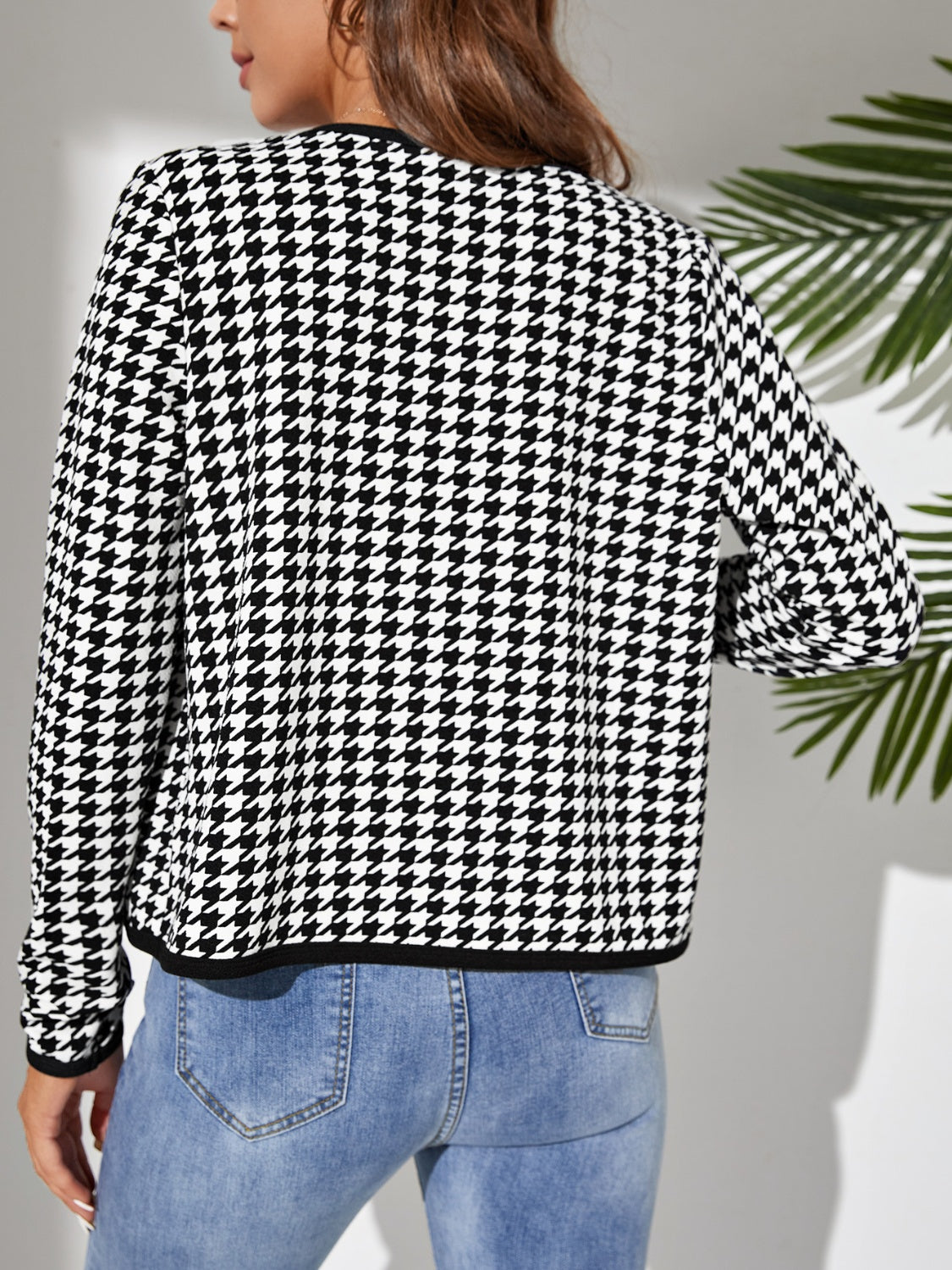 Houndstooth Open Front Long Sleeve Jacket-Angel Casuals