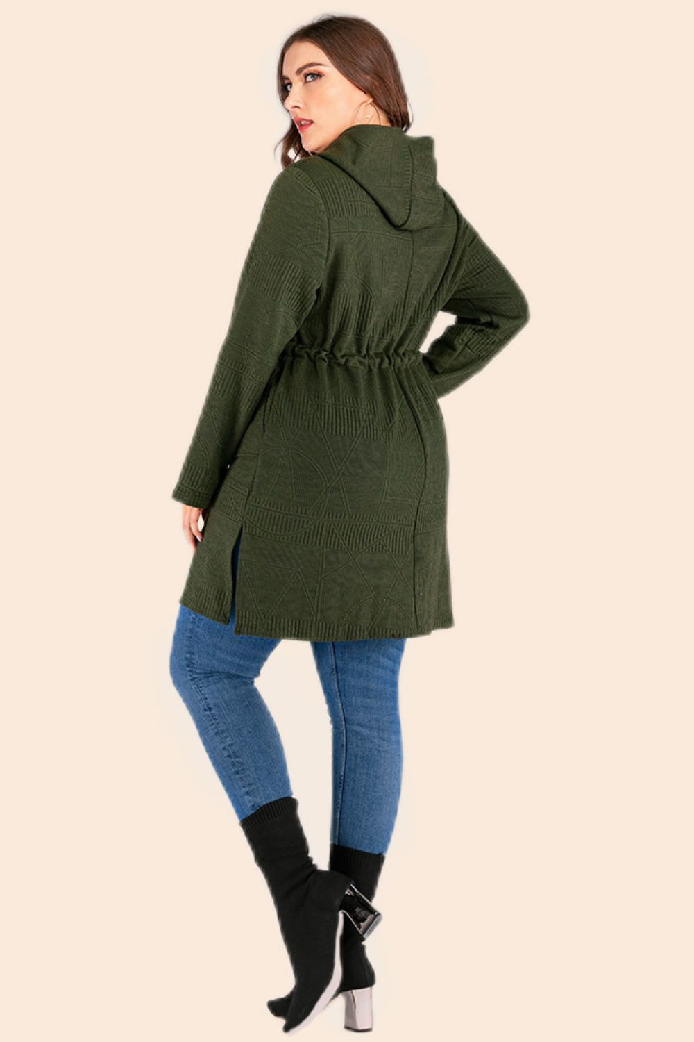 Plus Size Drawstring Waist Hooded Cardigan with Pockets-Angel Casuals