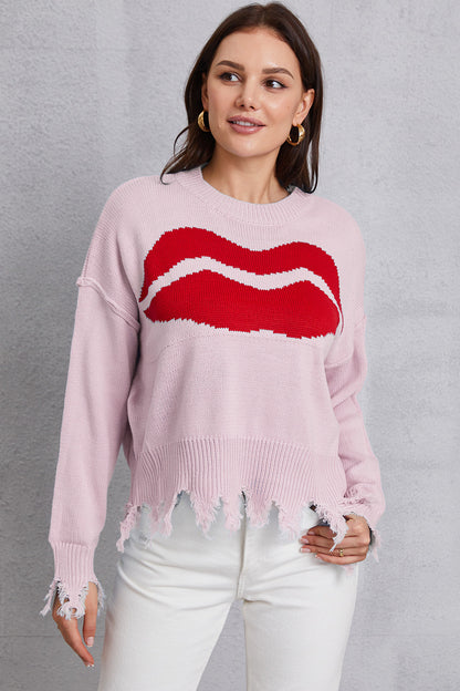 Lip Fringe Round Neck Sweater-Angel Casuals