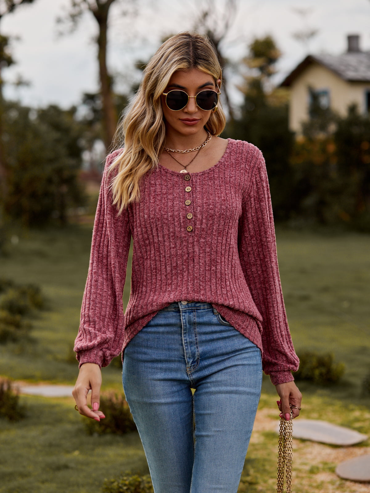 Round Neck Button-Down Long Sleeve Tee-Angel Casuals