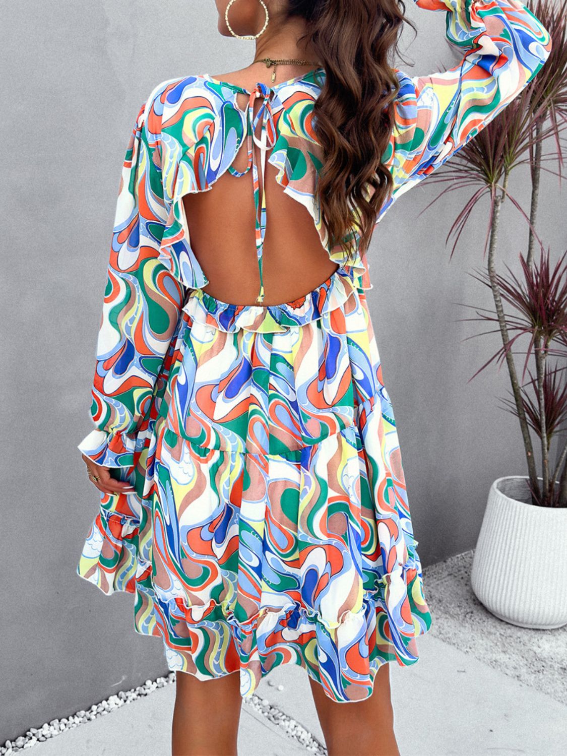 Backless Printed V-Neck Flounce Sleeve Dress-Angel Casuals