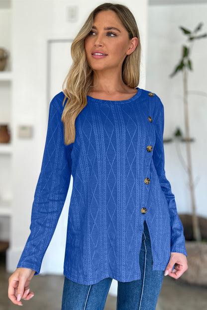 FAM-FAM Slit Round Neck Long Sleeve T-Shirt-Angel Casuals