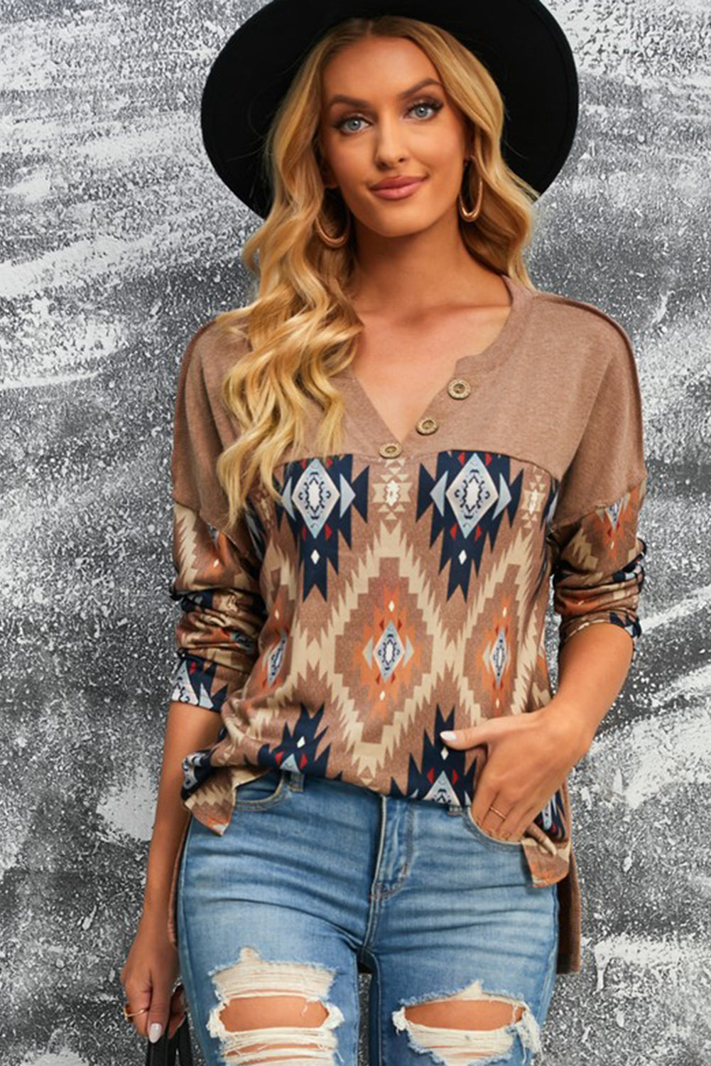 Brown Western Print Buttoned V Neck Top-Angel Casuals