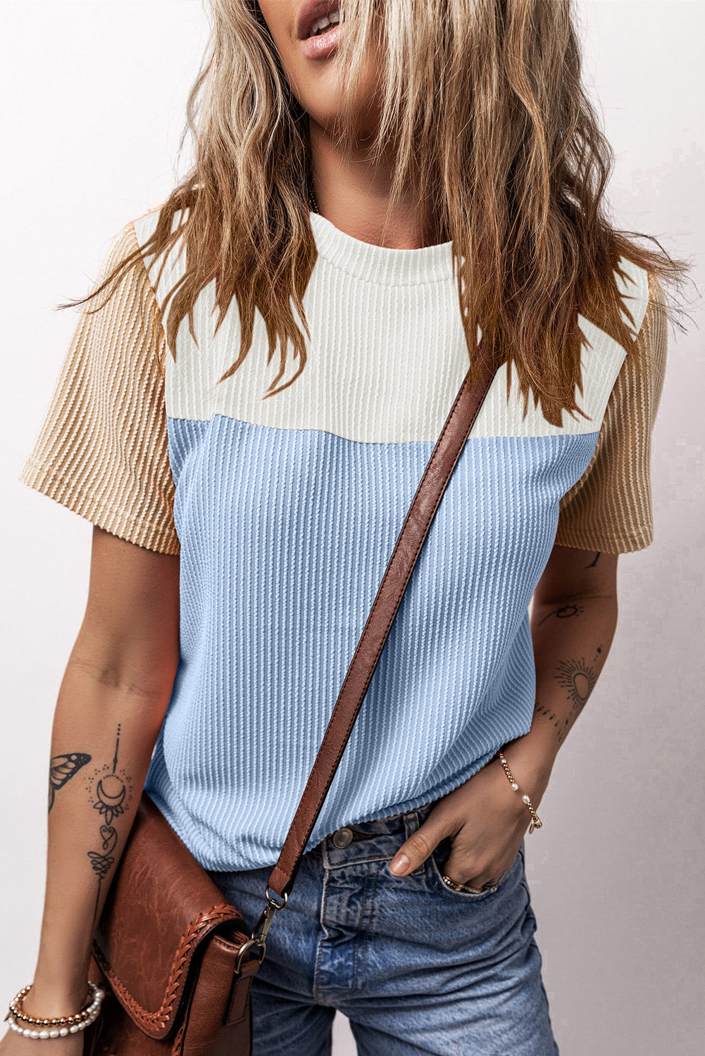 Color Block Round Neck Short Sleeve T-Shirt-Angel Casuals