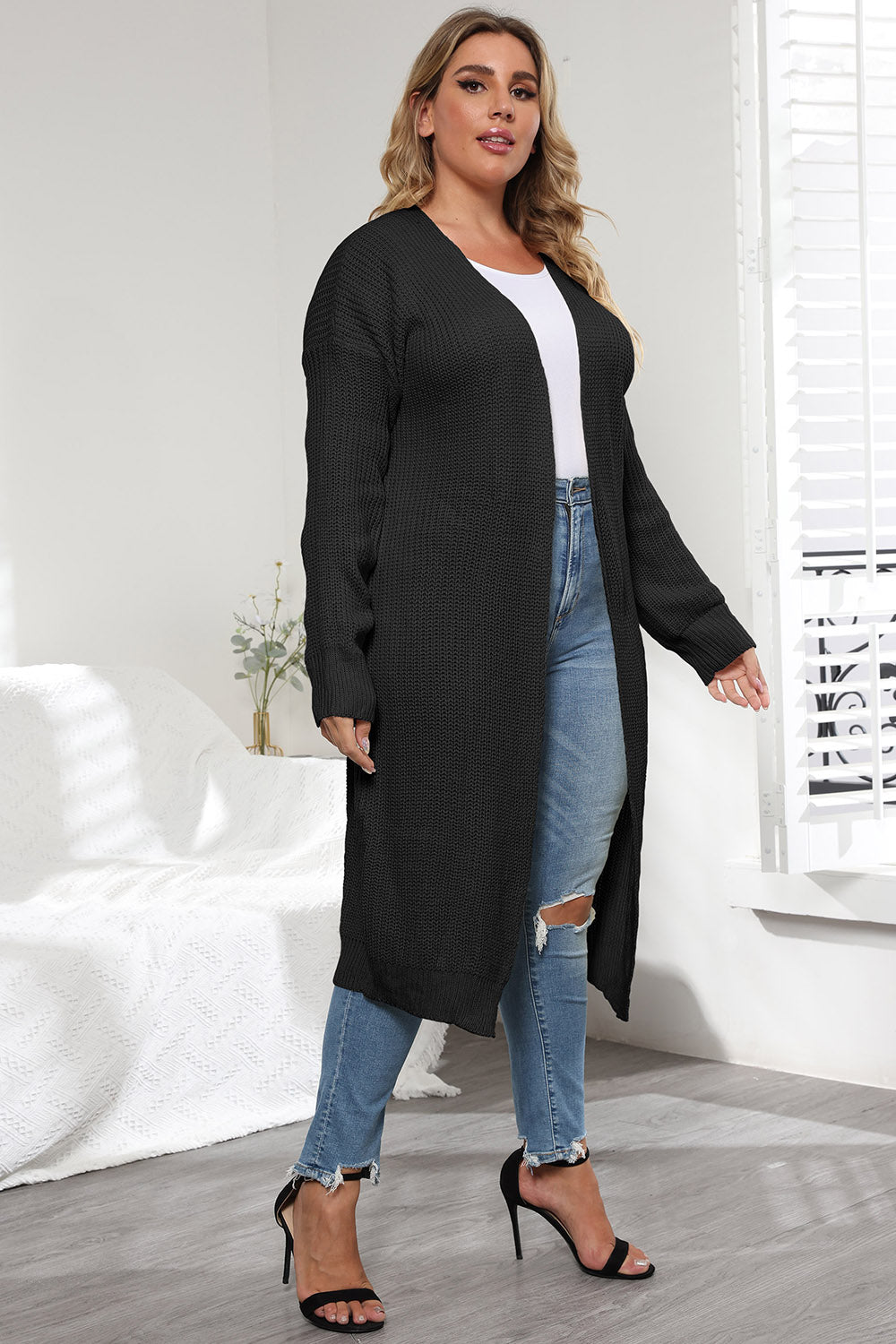 Plus Size Open Front Long Sleeve Cardigan-Angel Casuals