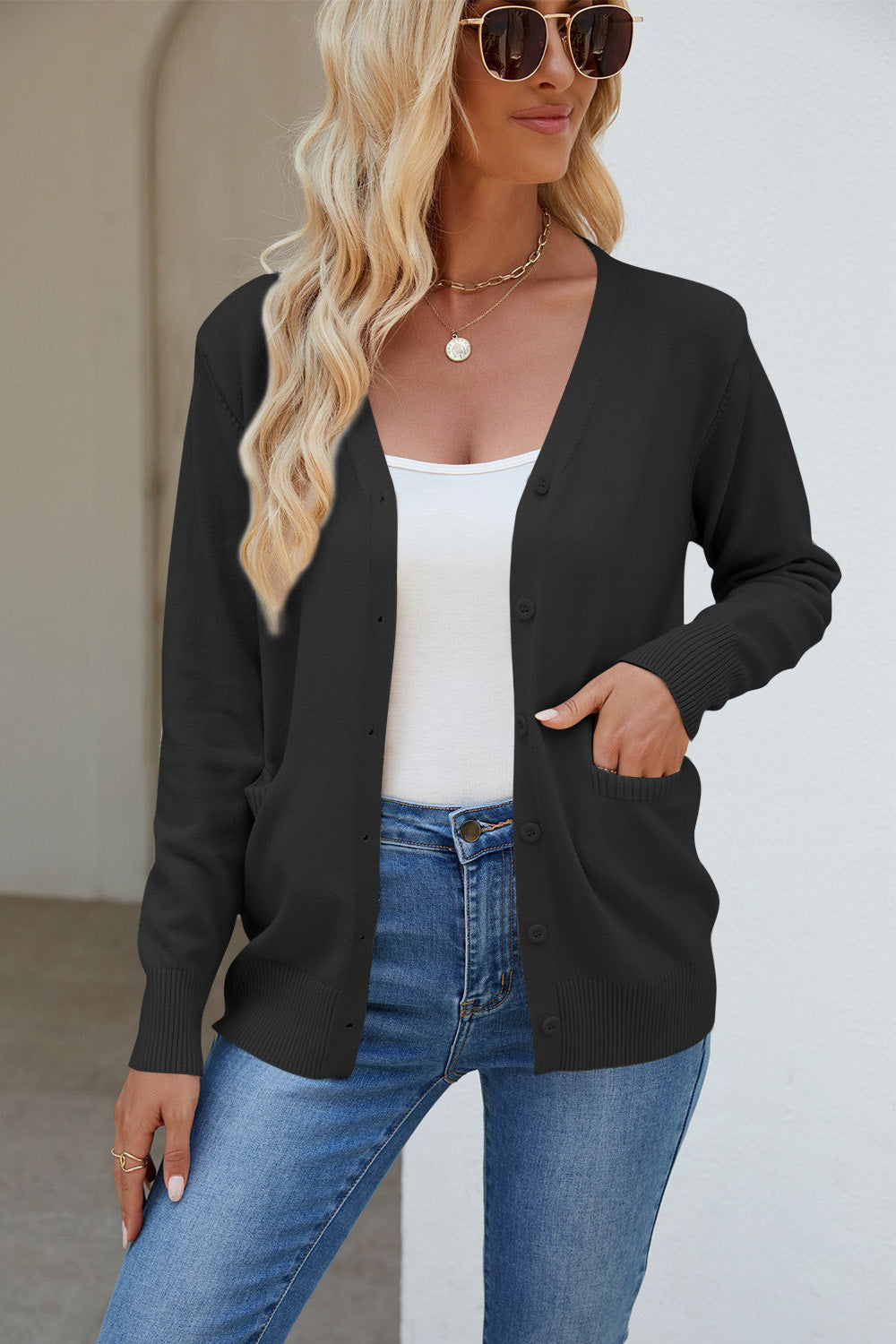 Pocketed V-Neck Button Up Long Sleeve Cardigan-Angel Casuals