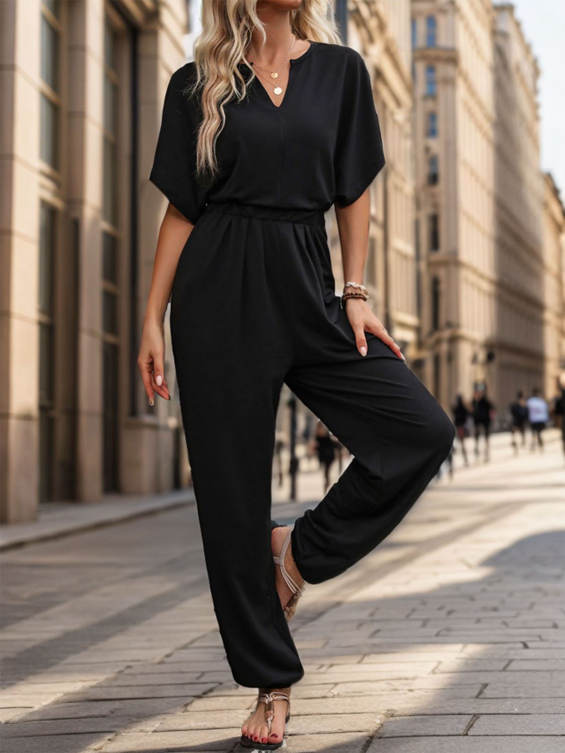 Notched Half Sleeve Straight Jumpsuit-Angel Casuals