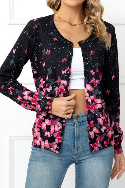 Woven Right Floral Button Front Round Neck Cardigan-Angel Casuals