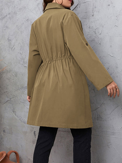 Honey Plus Size Lapel Collar Drawstring Roll-Tab Sleeve Trench Coat-Angel Casuals