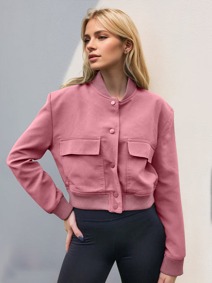 Pocketed Snap Down Baseball Collar Jacket-Angel Casuals