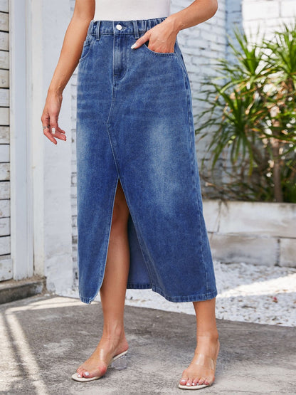 Slit Midi Denim Skirt with Pockets-Angel Casuals