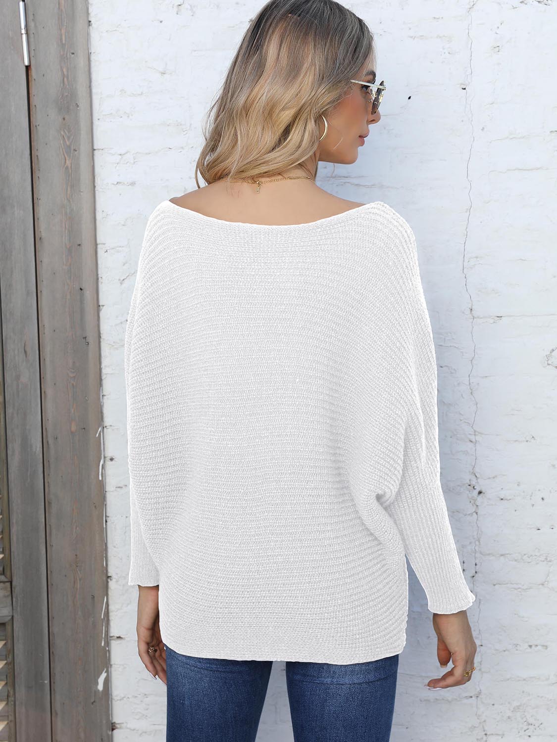 Full Size Horizontal Ribbing Dolman Sleeve Sweater-Angel Casuals