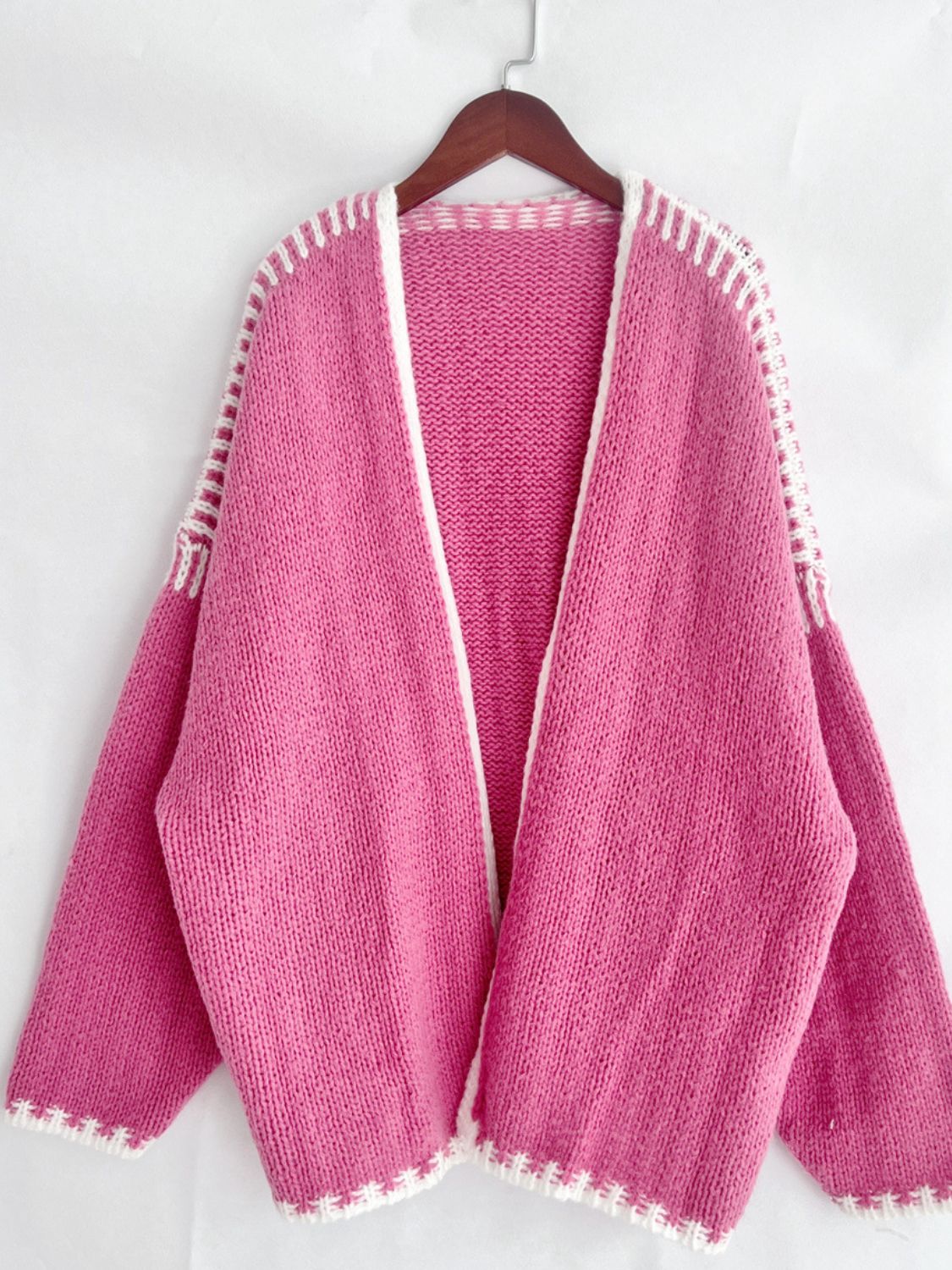 Double Take Contrast Open Front Dropped Shoulder Cardigan-Angel Casuals