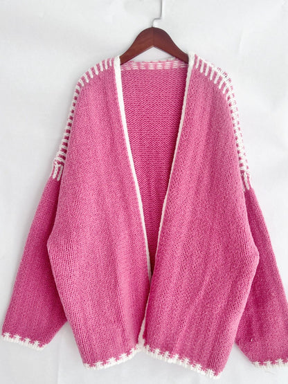 Double Take Contrast Open Front Dropped Shoulder Cardigan-Angel Casuals