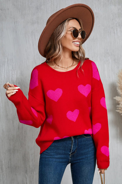 Angel Wings Heart Round Neck Dropped Shoulder Sweater-Angel Casuals