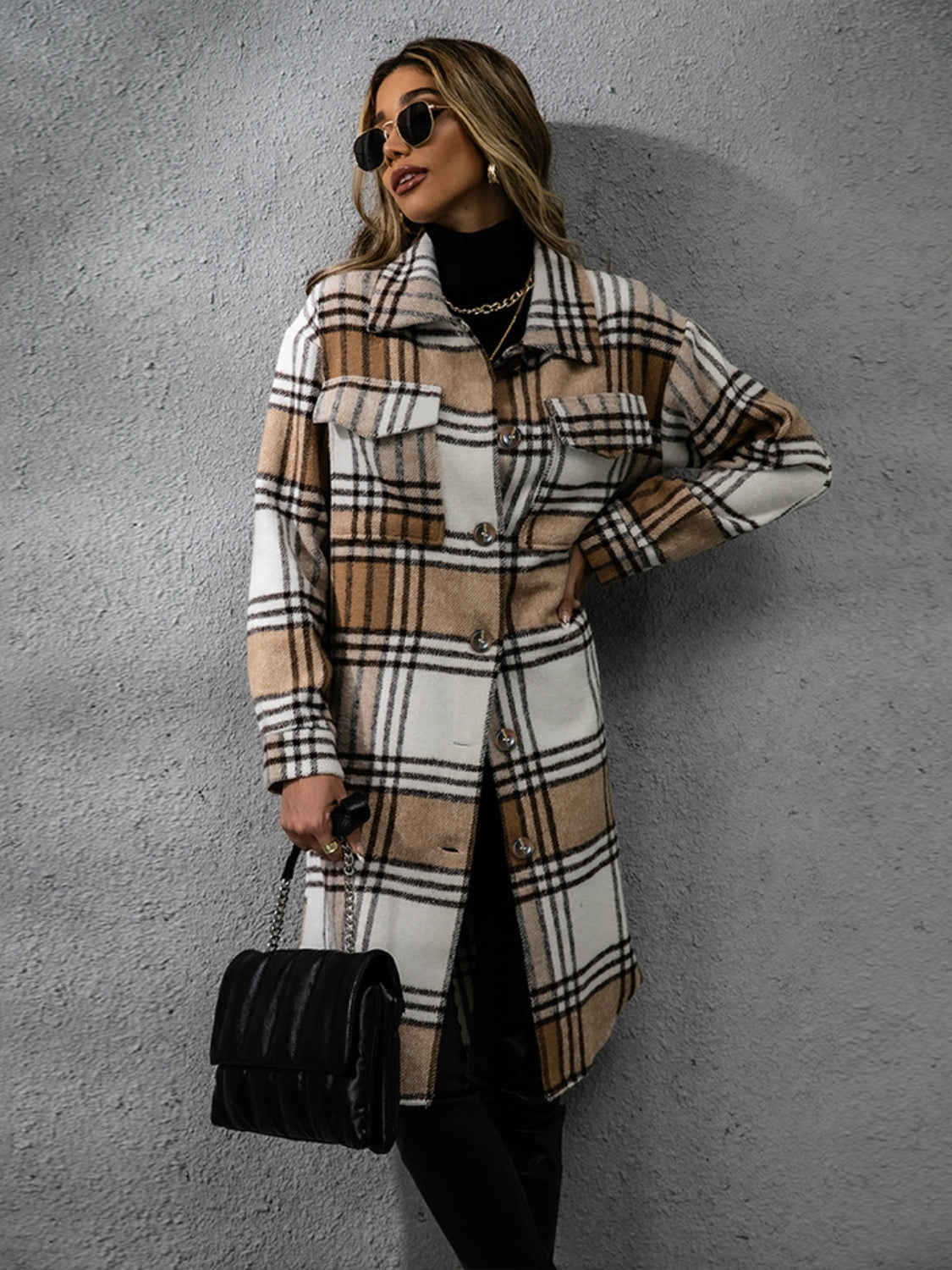 Plaid Collared Neck Long Sleeve Coat-Angel Casuals