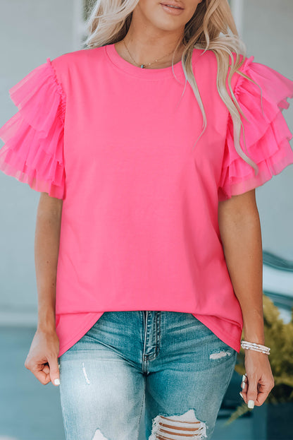 Layered Mesh Sleeve Round Neck Tee-Angel Casuals