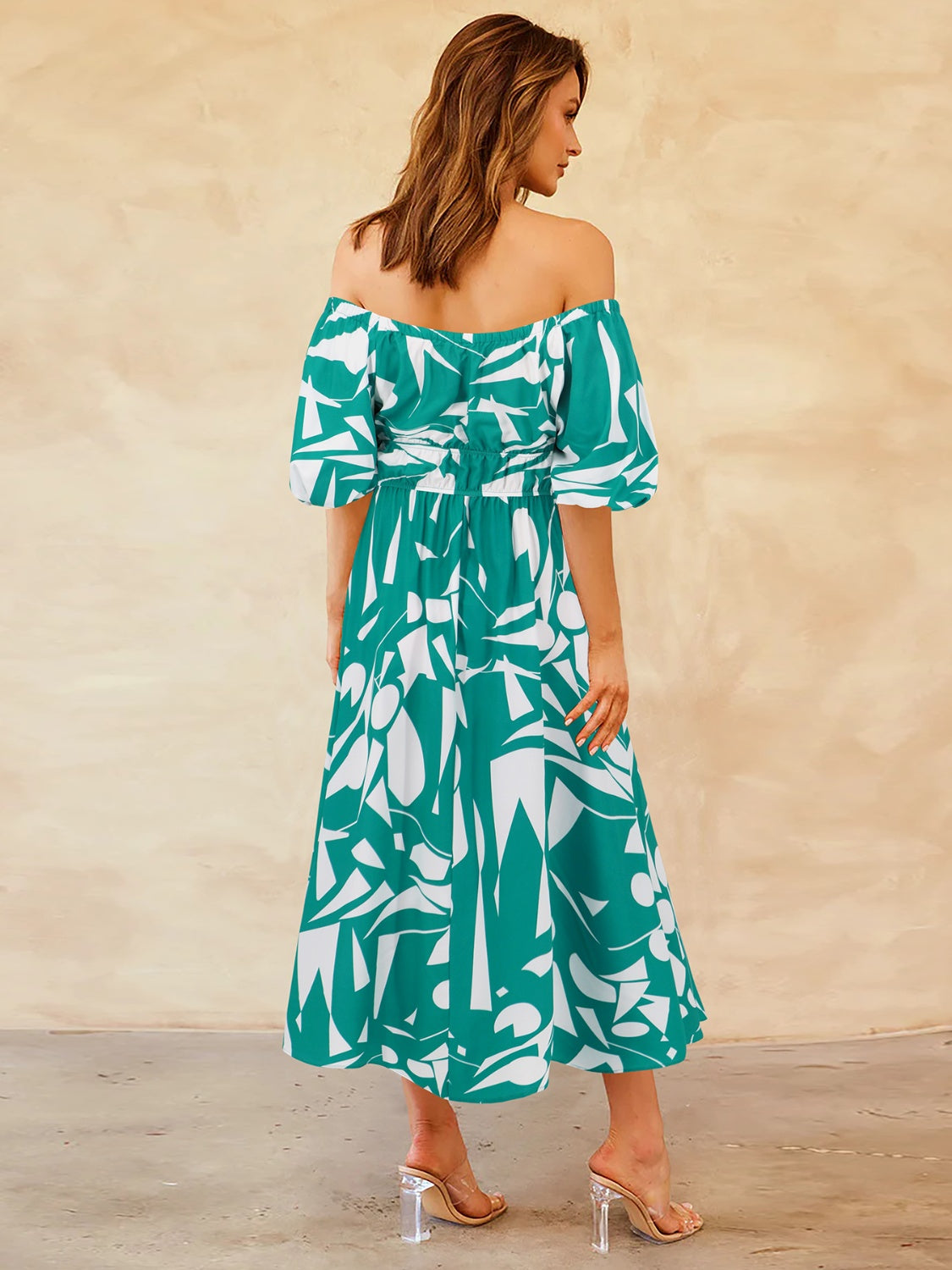 Printed Off-Shoulder Balloon Sleeve Dress-Angel Casuals