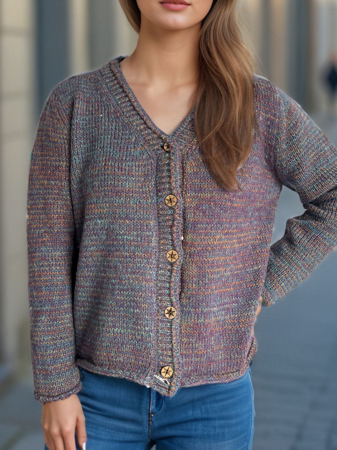 Heathered V-Neck Long Sleeve Cardigan-Angel Casuals