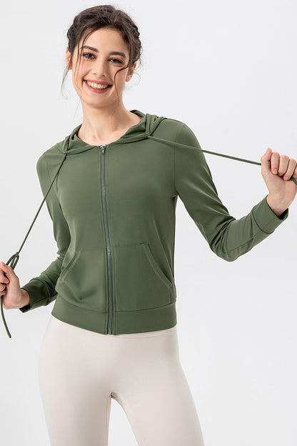 Drawstring Zip Up Hooded Active Outerwear-Angel Casuals