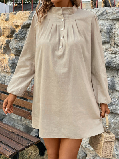 Half Button Mock Neck Long Sleeve Mini Shirt Dress-Angel Casuals