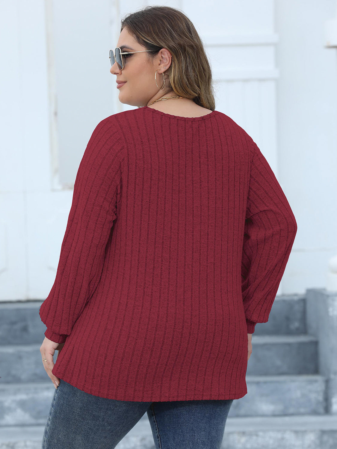 Plus Size Ribbed V-Neck Long Sleeve Top-Angel Casuals