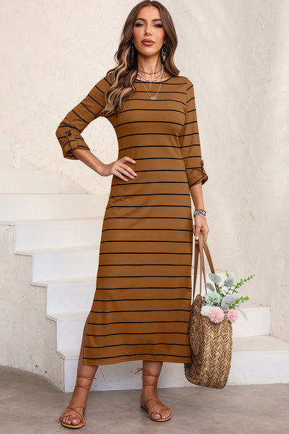 Slit Striped Round Neck Midi Dress-Angel Casuals