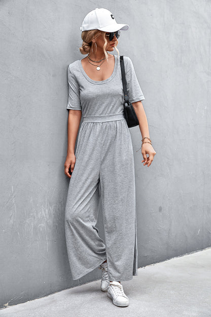 Scoop Neck Half Sleeve Wide Leg Jumpsuit-Angel Casuals