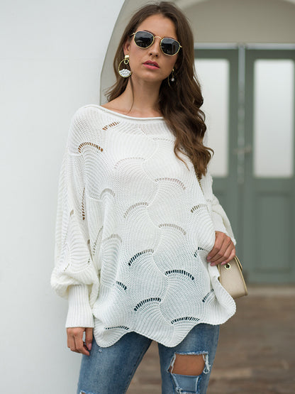 Full Size Boat Neck Lantern Sleeve Openwork Knit Top-Angel Casuals